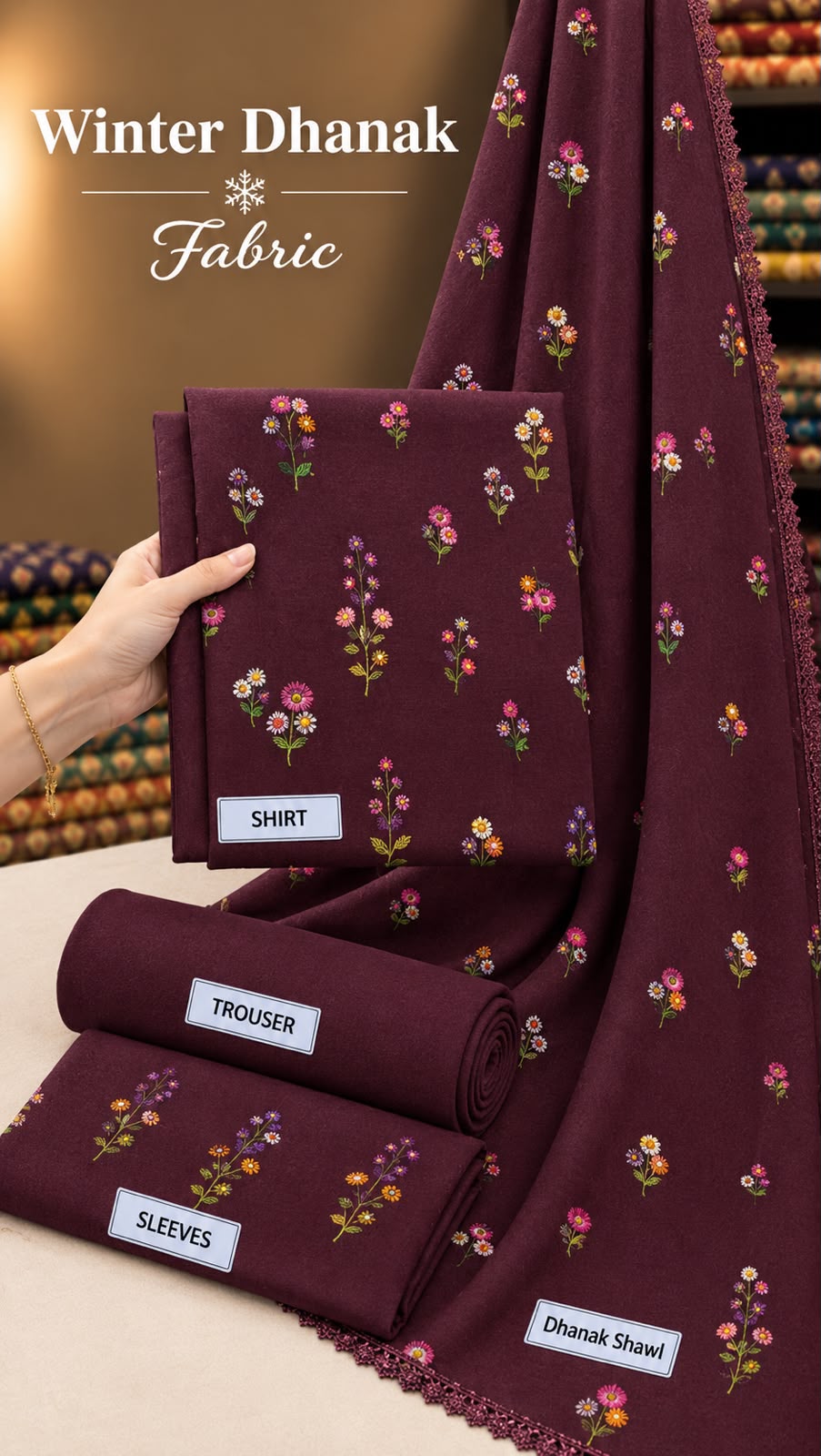 Indian Booti Dhanak Embroidered 3-Piece Un-Stiched (Mahroon)