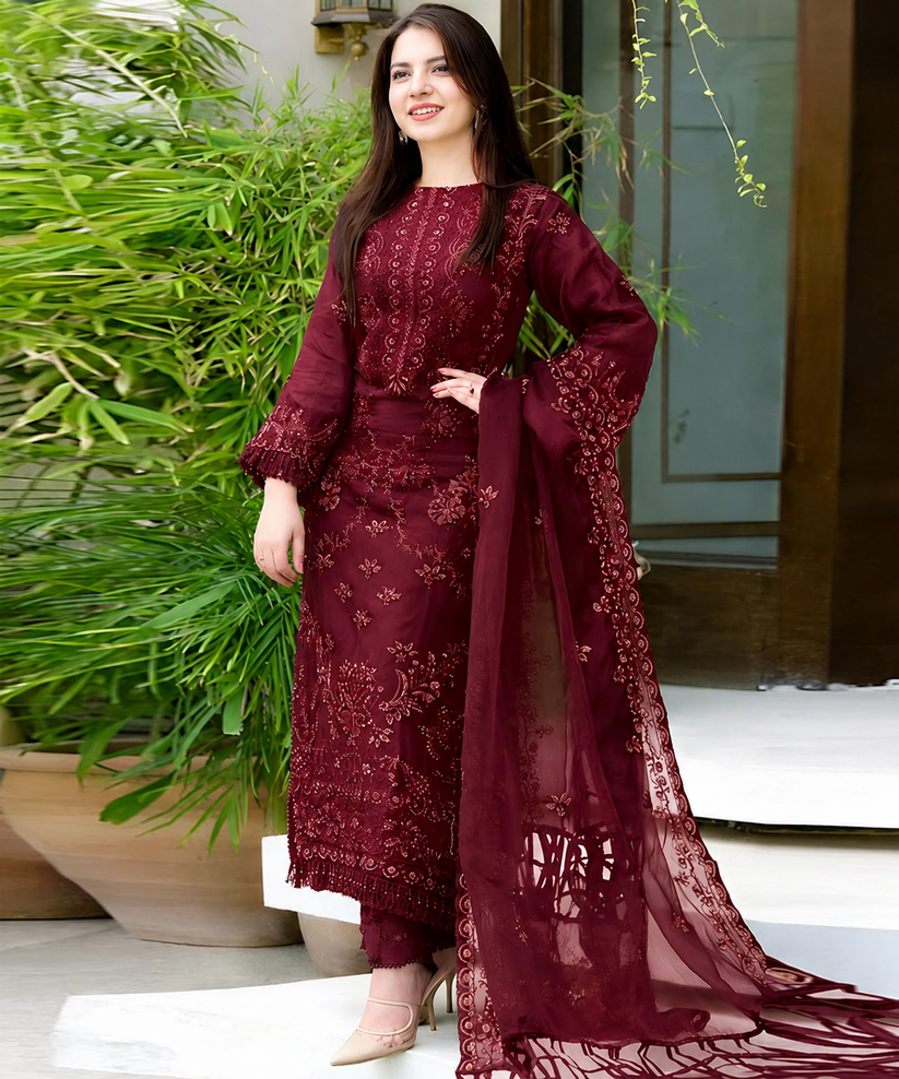 Dhanak Mehroon Embroidered 3PC Suit – Premium Festive Collection AJS-2125
