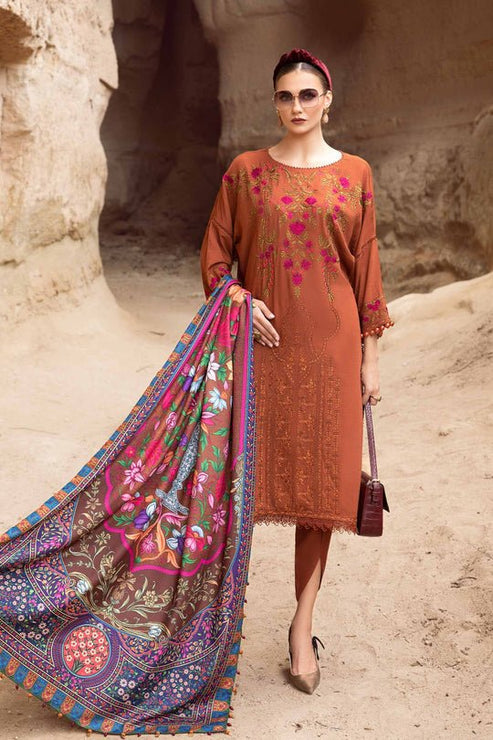 Dhanak-3PC Embroidered Shirt with Digital Printed Wool Shawl - 3462