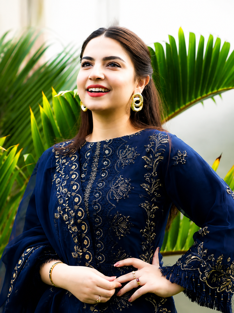 Dhanak Blue Embroidered 3PC Suit – Premium Festive Collection AJS-2123