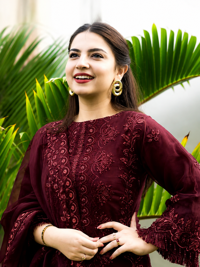 Dhanak Mehroon Embroidered 3PC Suit – Premium Festive Collection AJS-2125