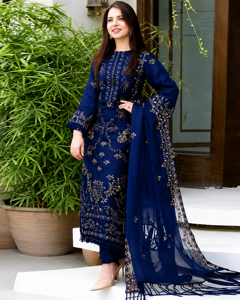 Dhanak Blue Embroidered 3PC Suit – Premium Festive Collection AJS-2123