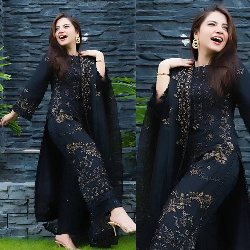Dhanak Black Embroidered 3PC Suit – Premium Festive Collection AJS-2124