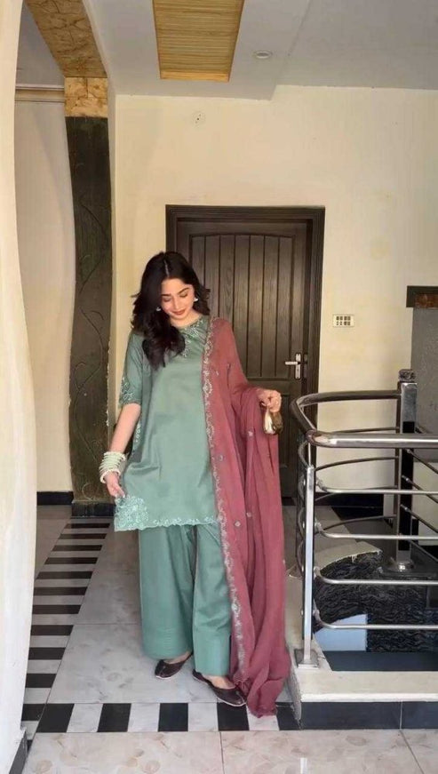 Dhanak-3PC Embroidered Shirt with Chiffon Embroidered Dupatta-3452